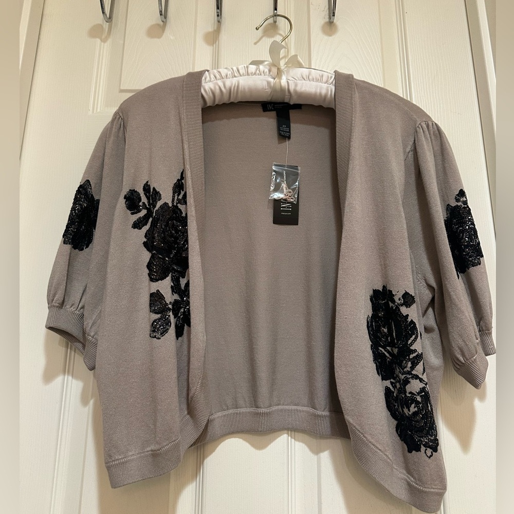 INC International Concepts Taupe Shrug with Black Floral Accents
